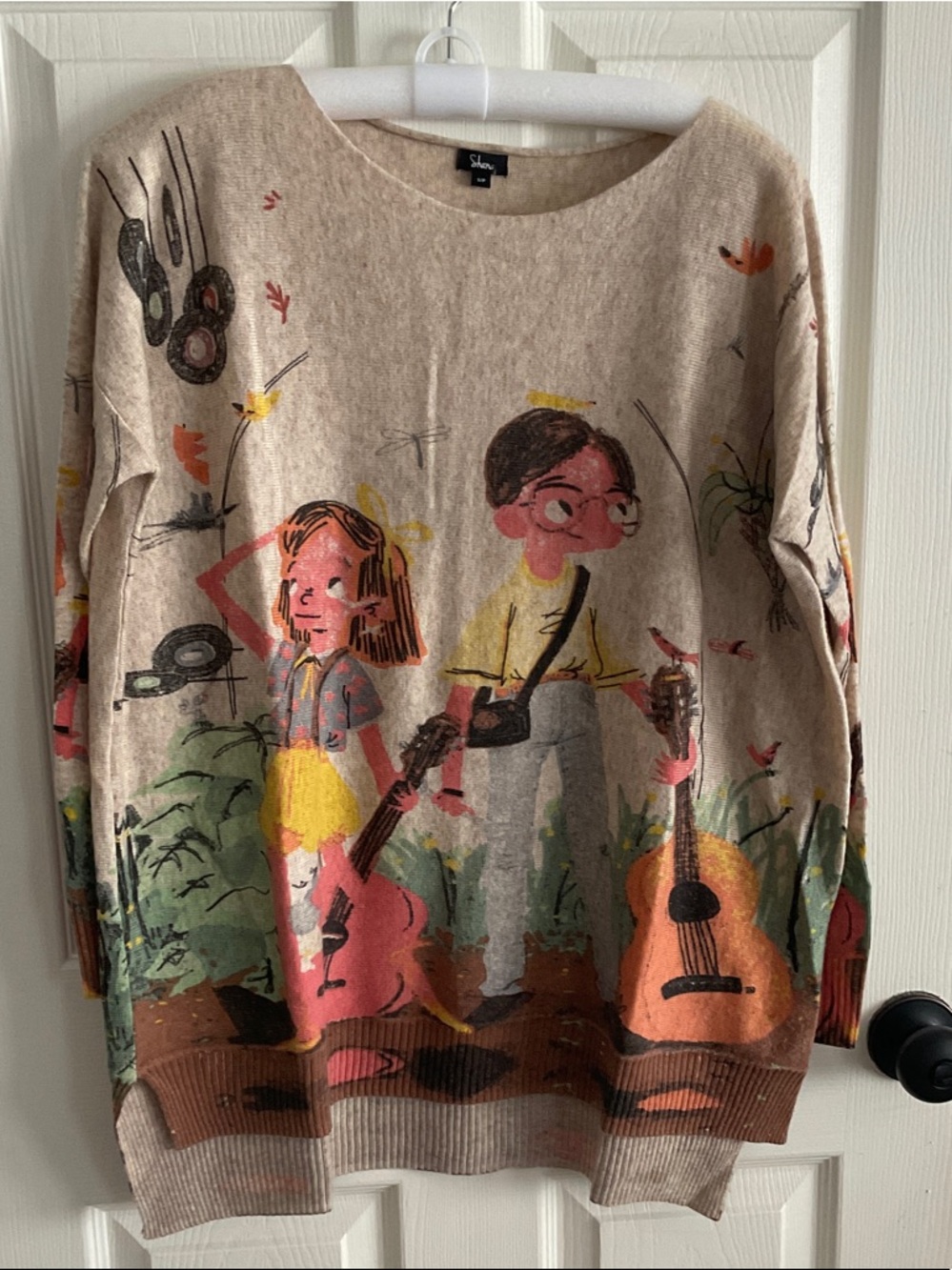 Shelar Beige Graphic Crewneck Sweater with Multicolor Illustration